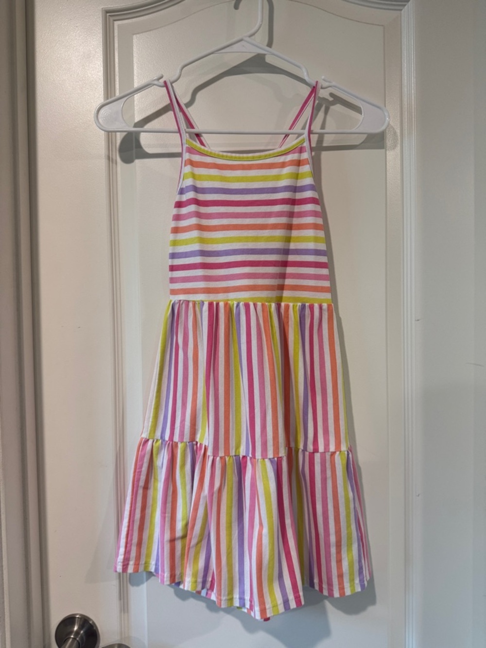 Place Rainbow Striped Tiered Sundress in Pink, Yellow, Purple & White / AA58